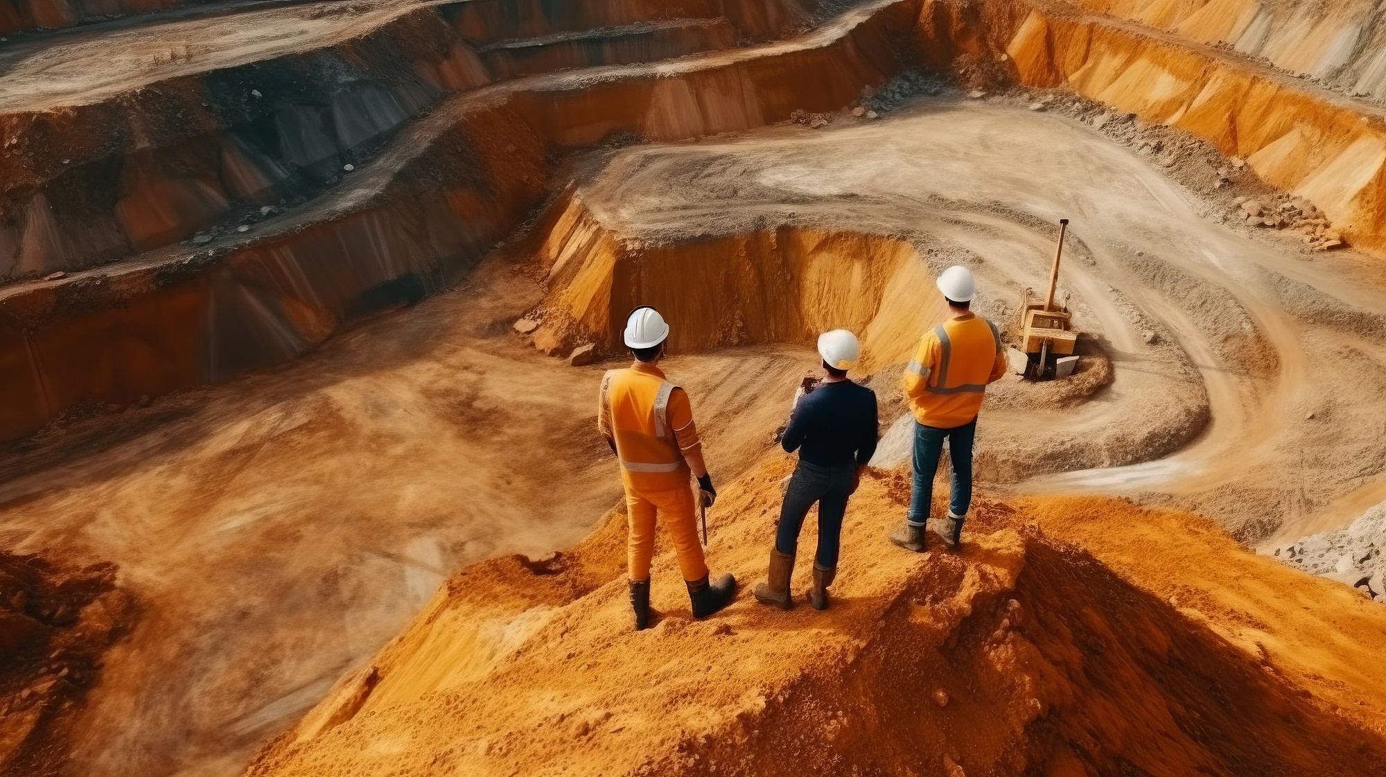 Team specialists operator inspecting open pit mine sand quarry.